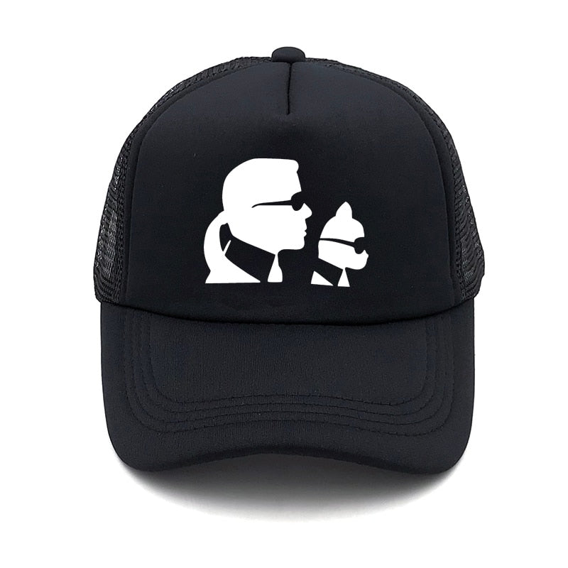 Karl and his cat print woman's summer baseball cap Karl WHO stylish man's truck mesh net Snapback cap