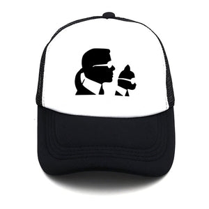 Karl and his cat print woman's summer baseball cap Karl WHO stylish man's truck mesh net Snapback cap