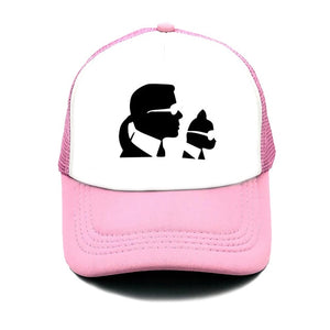 Karl and his cat print woman's summer baseball cap Karl WHO stylish man's truck mesh net Snapback cap